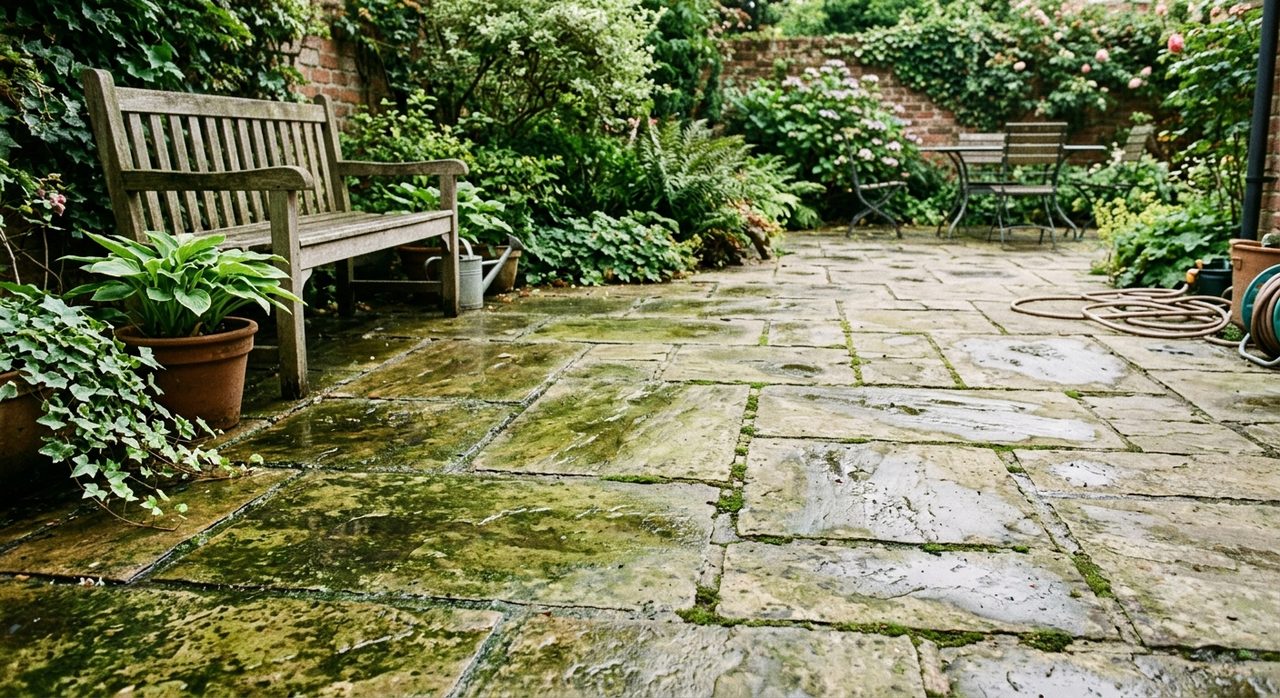 Before — algae-covered patio